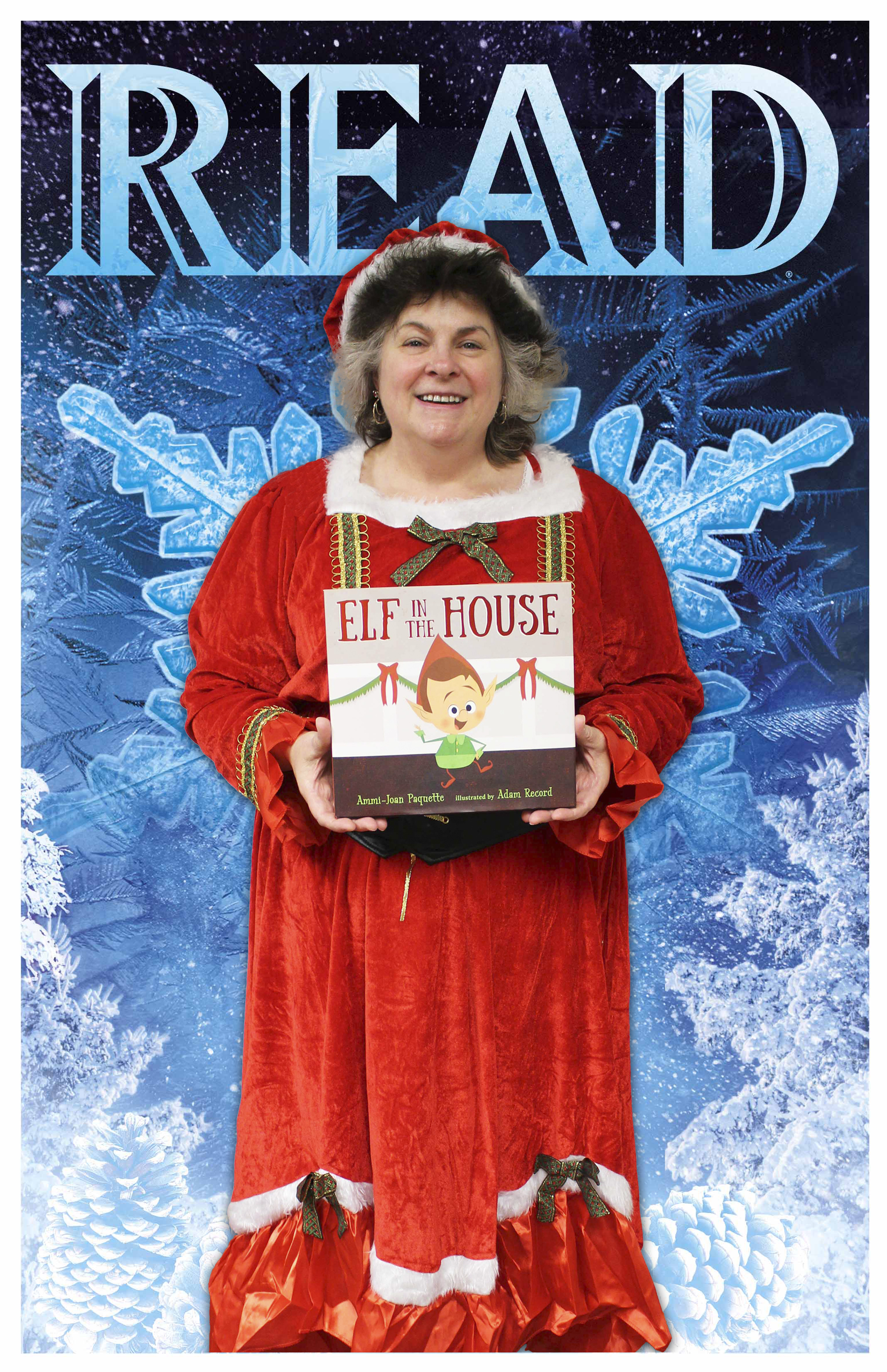 Robin dressed as Mrs. Holly in a Read Poster