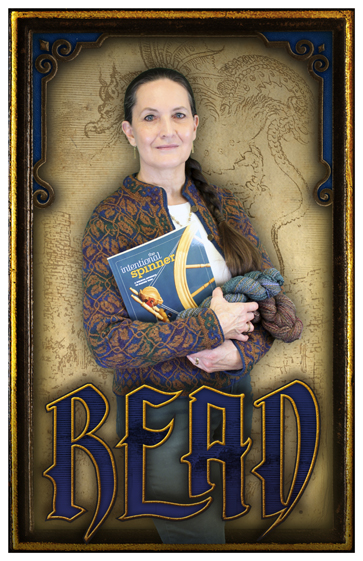 Sharon holding spinning book and yarn in a READ Poster