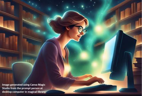 Animated image of woman typing at a computer with bookshelves in background