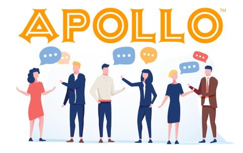 Illustration of professionals with talk bubbles under Apollo logo.