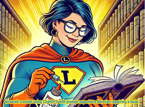 Superhero librarian repairing a book.