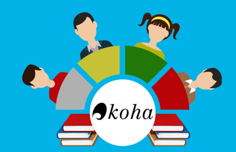 Illustration of people on computers around books and Koha logo.