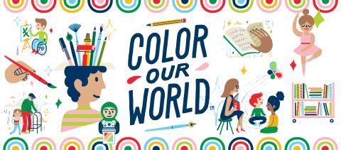 Color Our World surrounded by artistic illustrations