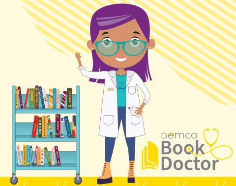 Illustration of librarian in a doctor's coat standing by a bookshelf