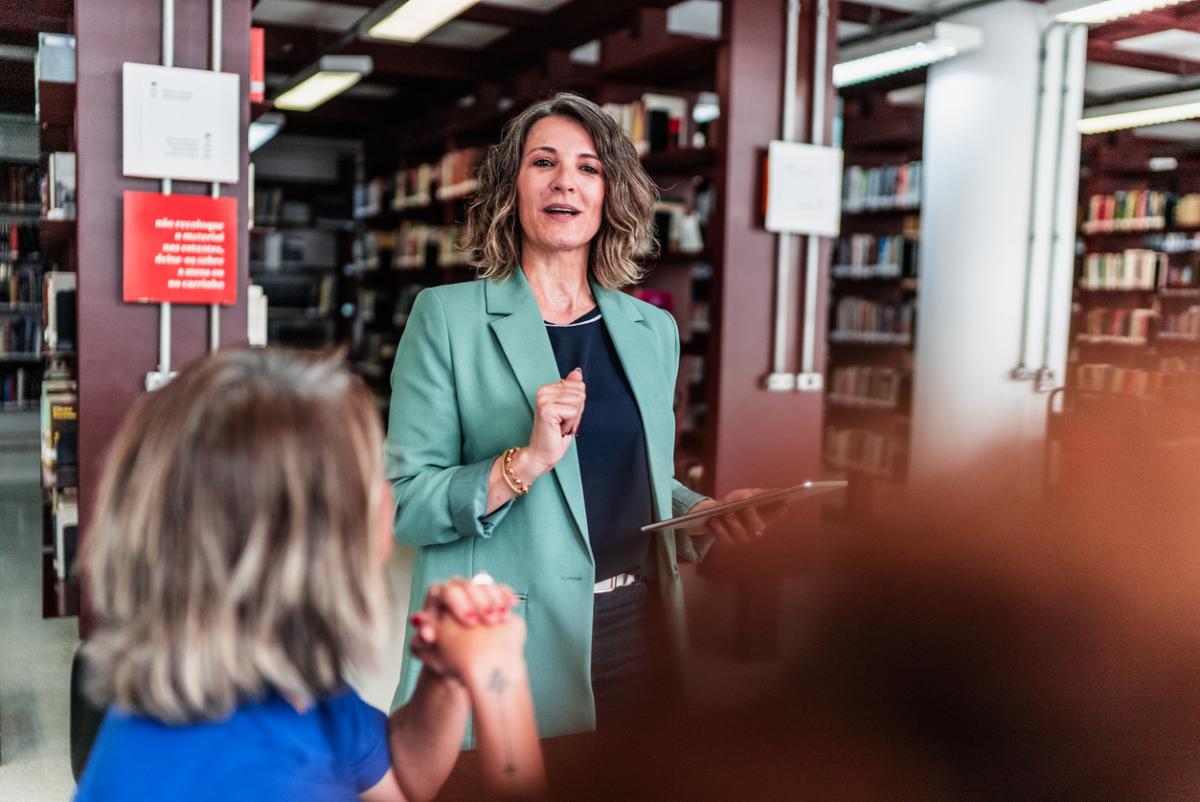 Library advocate speaking in a library