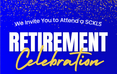 You are invited to a retirement celebration text on blue background.